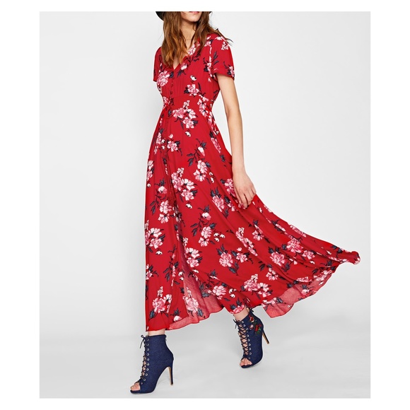 MBM Unlimited Dresses & Skirts - Red Floral Button Down Short Sleeve Maxi Dress